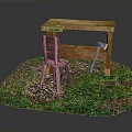 Rustic Outdoor Wooden Workbench With Chair Axe Grass And Gravel Ground