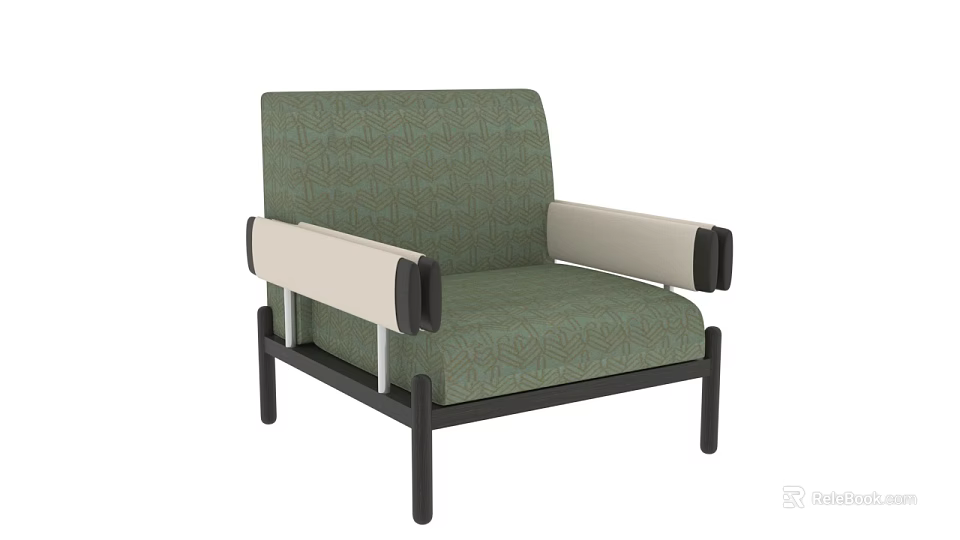 Modern Single Sofa With Green Patterned Upholstery Beige Armrests And Black Frame 3d model