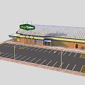 Mega Mart Supermarket Exterior View With Spacious Parking Lot And Customers