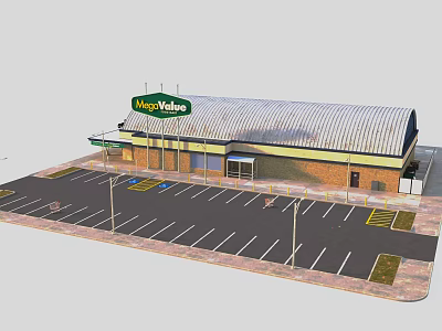 Mega Mart Supermarket Exterior View With Spacious Parking Lot And Customers 3d model