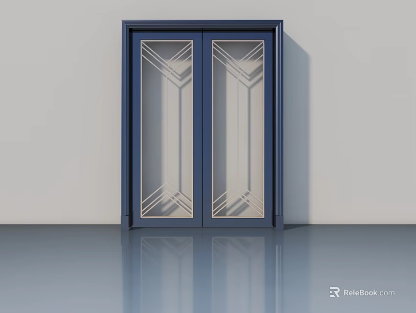 Modern Deep Blue Double Swing Doors With Glass Panels And Geometric Patterns 3d model 