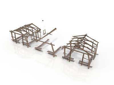 Wooden Building Frame Models With Structural Beams And Construction Supports 3d model