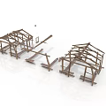 Wooden Building Frame Models With Structural Beams And Construction Supports 3d model