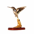 Decorative Ornament Set With Hummingbird Figurine Colorful Wings And Wooden Base