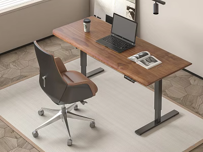 Modern Wooden Desk With Laptop Coffee Cup Magazine And Office Chair In Workspace 3d model