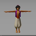 3D Character Model With Purple Vest White Pants Arms Outstretched On Gray Background