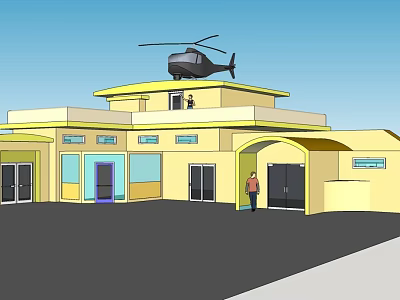 Yellow Detached Villa With Helicopter On Roof Multiple Doors Windows And Person At Entrance 3d model