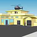 Yellow Detached Villa With Helicopter On Roof Multiple Doors Windows And Person At Entrance