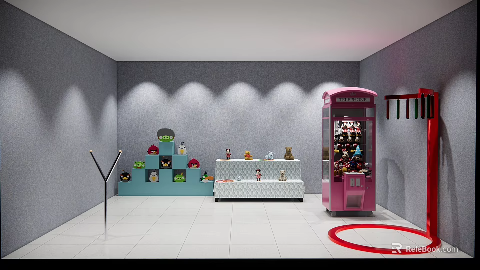 Stuffed Dolls Display on Colorful Shelves with Pink Claw Machine in Room 3d model 