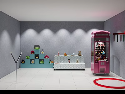 Stuffed Dolls Display on Colorful Shelves with Pink Claw Machine in Room 3d model