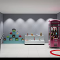 Stuffed Dolls Display on Colorful Shelves with Pink Claw Machine in Room