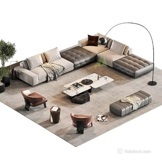 Modern Living Room Sofa Coffee Table Set With Armchairs Floor Lamp And Plants 3d model 