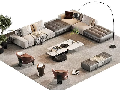 Modern Living Room Sofa Coffee Table Set With Armchairs Floor Lamp And Plants 3d model