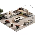 Modern Living Room Sofa Coffee Table Set With Armchairs Floor Lamp And Plants