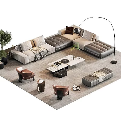 Modern Living Room Sofa Coffee Table Set With Armchairs Floor Lamp And Plants 3d model