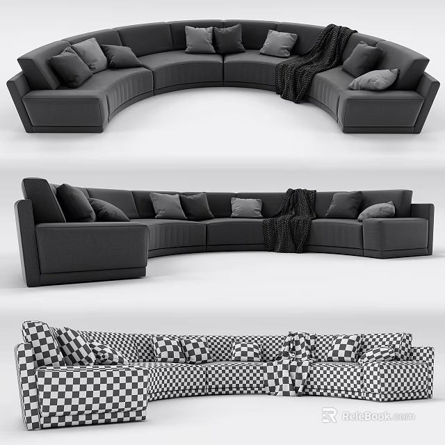 Modern Curved Abstract Shape Sofa With Pillows Blanket And Checkerboard Pattern Design 3d model 