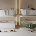 Modern Bathroom Interior With Various Freestanding Bathtubs Towels And Green White Colors