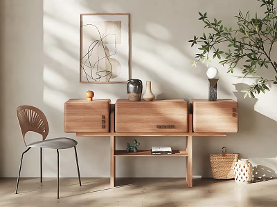 Modern Wooden Entryway Side Cabinet With Storage Drawers Wall Art Decorative Vases Plant And Chair 3d model