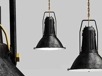Stylish Black Metal Pendant Lights With Industrial Design And Hanging Chains 3d model