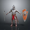Man in Medieval Armor Standing with Sword and Decorative Lion Shield 3d model