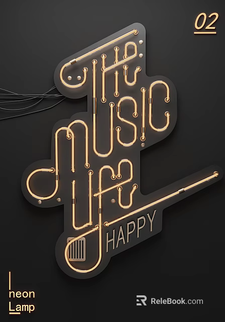 Decorative Neon Light Fixture Combination With Music Life Happy Text Design 3d model 