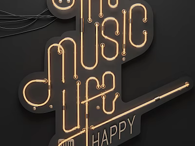 Decorative Neon Light Fixture Combination With Music Life Happy Text Design 3d model