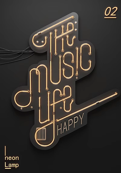 Decorative Neon Light Fixture Combination With Music Life Happy Text Design 3d model