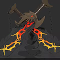 Detailed Flame Pattern Weapon Axe with Red Yellow Flames and Metallic Chains