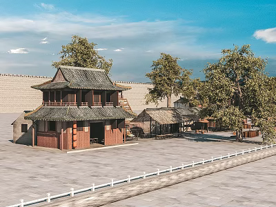 Scenic View of Ancient Architecture with Tiled Roofs Trees City Wall Stone Square White Railings 3d model
