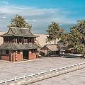 Scenic View of Ancient Architecture with Tiled Roofs Trees City Wall Stone Square White Railings