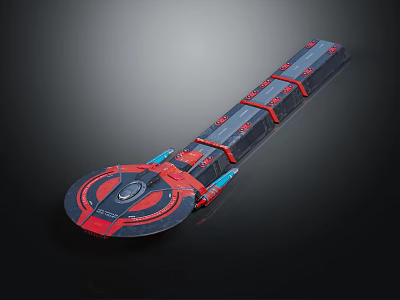 Futuristic Long Metallic Structure With Red Blue Accents Circular Front Segmented Design 3d model
