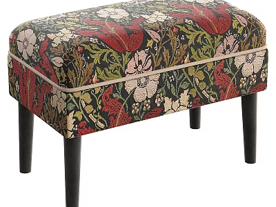 Decorative Ottoman with Colorful Floral Pattern Upholstery and Sturdy Wooden Legs for Living Room Decor 3d model