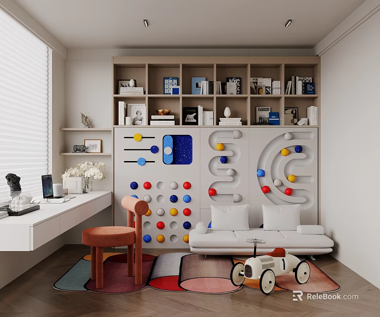 Colorful Kids Room Interior With Bookshelf Wall Decor Sofa And Toy Car 3d model 
