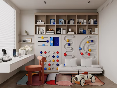 Colorful Kids Room Interior With Bookshelf Wall Decor Sofa And Toy Car 3d model