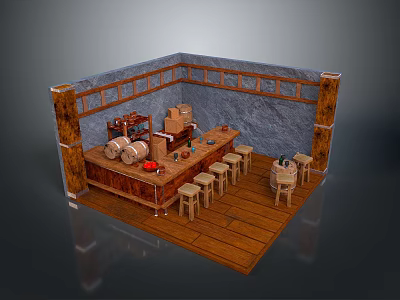 Rustic Tavern Interior Landscape Featuring Wooden Counter Stone Wall Windows Barrels And Stools 3d model