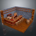 Rustic Tavern Interior Landscape Featuring Wooden Counter Stone Wall Windows Barrels And Stools