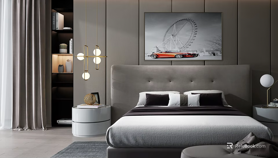 Modern Bedroom Interior With Double Bed Tufted Headboard Red Car Ferris Wheel Art Pendant Lights 3d model 