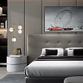Modern Bedroom Interior With Double Bed Tufted Headboard Red Car Ferris Wheel Art Pendant Lights