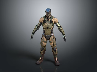 Futuristic Game Movie Character In Green Brown Armored Suit With Helmet And Standing Pose 3d model