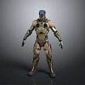 Futuristic Game Movie Character In Green Brown Armored Suit With Helmet And Standing Pose