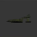 Futuristic Sci Fi Spaceship With Green Hull Multiple Cannons Blue Thrusters And Small Aircraft 3d model