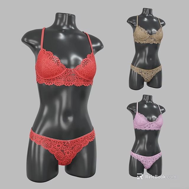 High Quality Commercial Mannequins Displaying Red Gold Pink Lace Lingerie Sets 3d model 