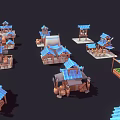 Various Small Traditional Building Models With Blue Roofs Wooden Structures And Windmills