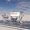 Three Silver Metal Abstract Curved Sculptures on Reflective Platform Under Blue Sky with White Clouds