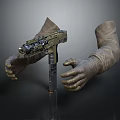 Mechanical Style Weapon Held By Metallic Hands With Complex Structure And Dark Background 3d model