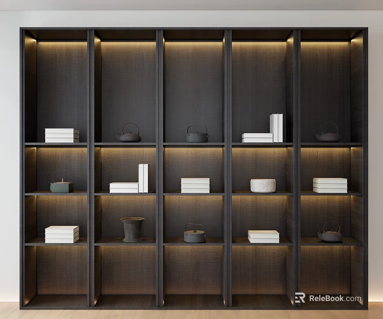 Modern Dark Wood Wall Storage Shelf with Built in Design Teapots Books and Lighting 3d model 