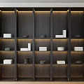 Modern Dark Wood Wall Storage Shelf with Built in Design Teapots Books and Lighting