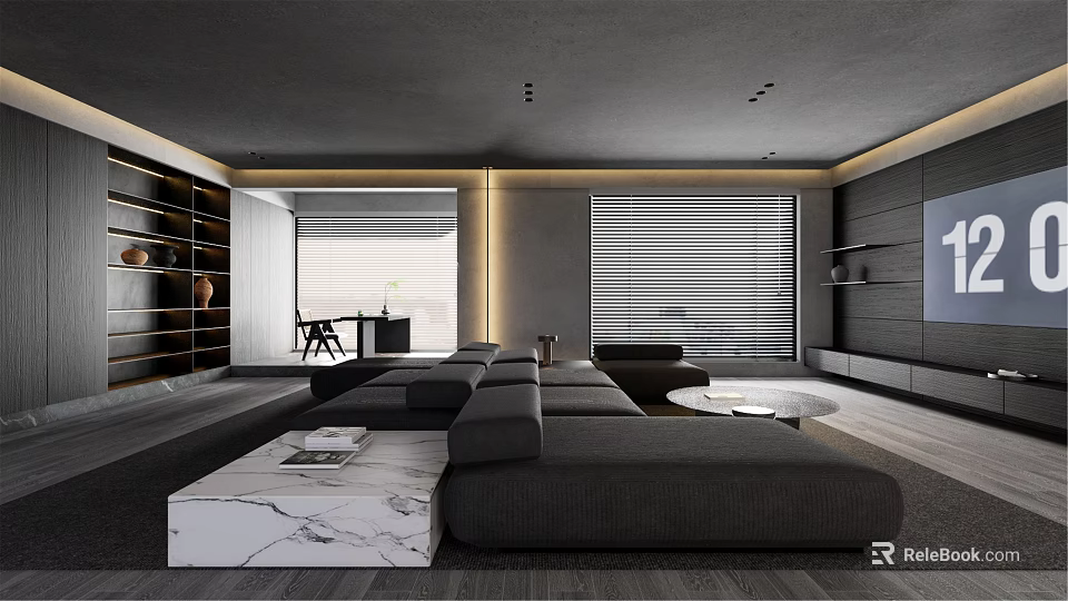 Modern Living Room Interior With Dark Sofa Marble Coffee Table And Large Windows Blinds 3d model 