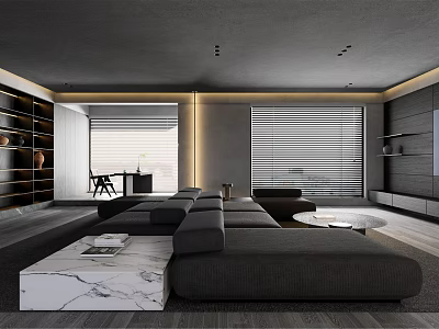 Modern Living Room Interior With Dark Sofa Marble Coffee Table And Large Windows Blinds 3d model