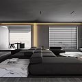 Modern Living Room Interior With Dark Sofa Marble Coffee Table And Large Windows Blinds